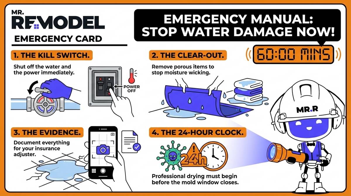 An emergency 60-minute triage infographic for bathroom water damage, detailing the essential steps to shut off utilities, document damage, and begin drying before the 24-hour mold window begins.